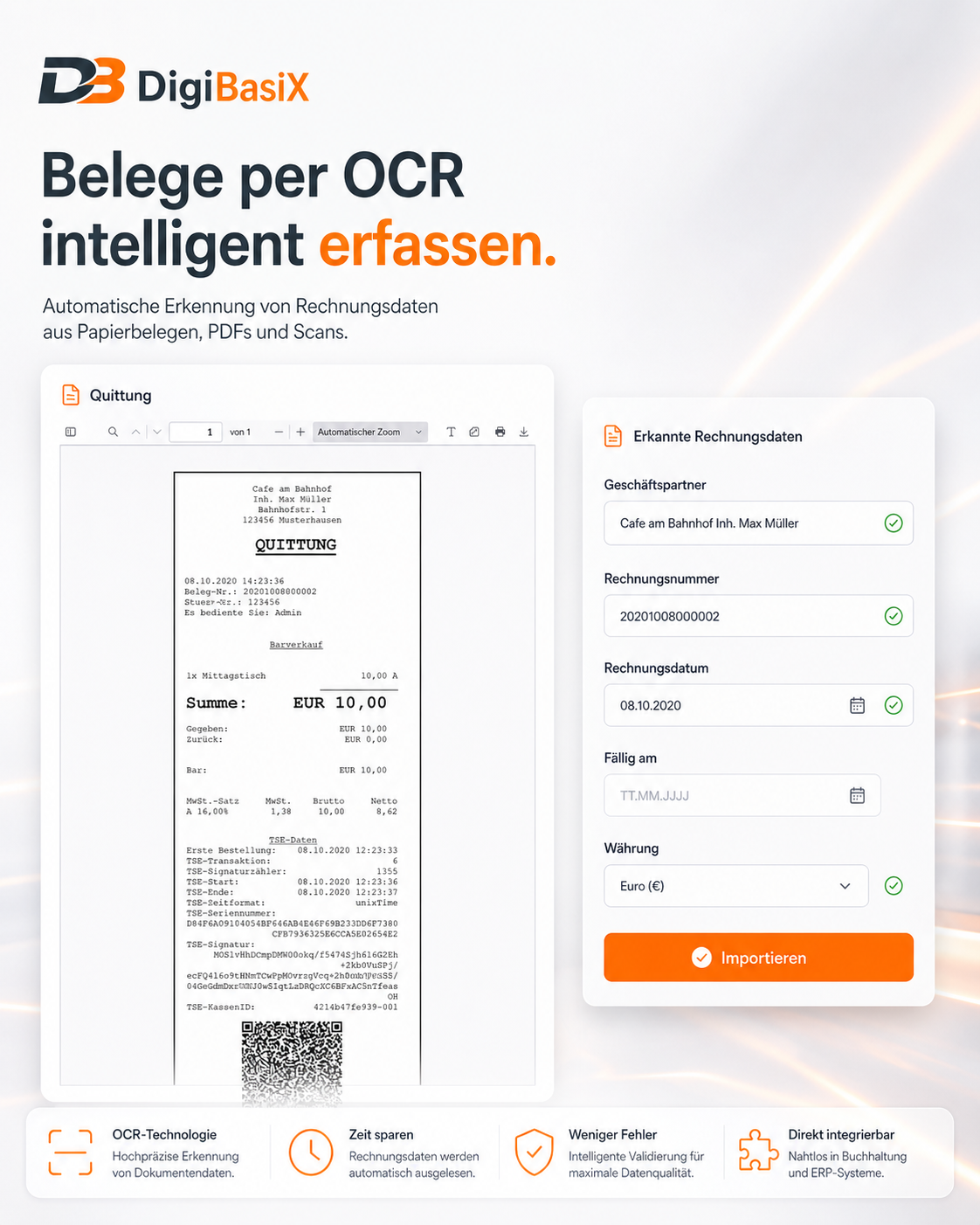 DigiBasiX Eingangsrechnungen: Originaldokument links, OCR-Erfassungsmaske mit erkannten Rechnungsfeldern rechts