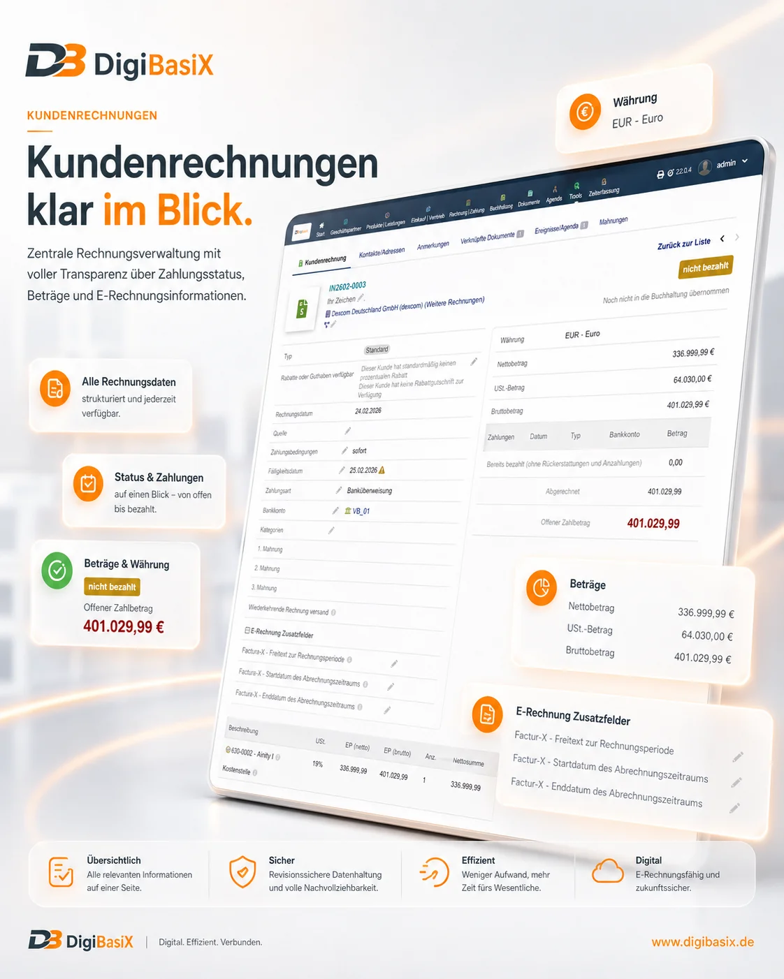 E-Rechnung in DigiBasiX erzeugen: Vorprüfung und Ausgabe als ZUGFeRD oder XRechnung