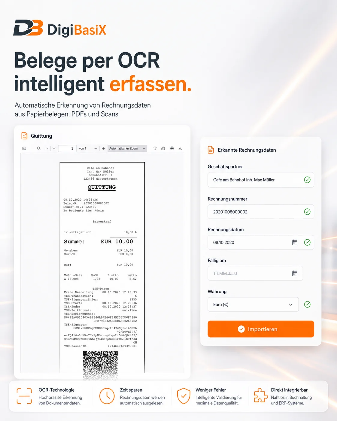 DigiBasiX Eingangsrechnungen: Originaldokument links, OCR-Erfassungsmaske mit erkannten Rechnungsfeldern rechts