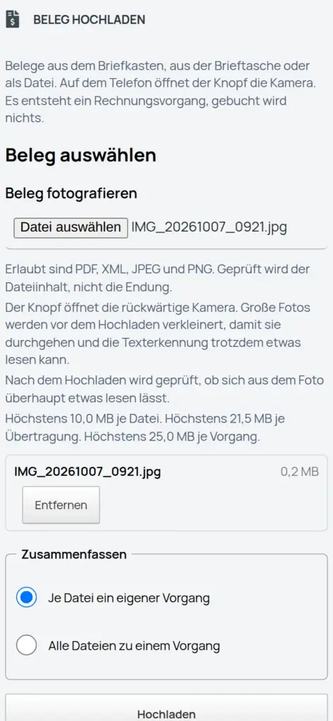 Belegupload auf dem Handy mit dem Knopf Beleg fotografieren