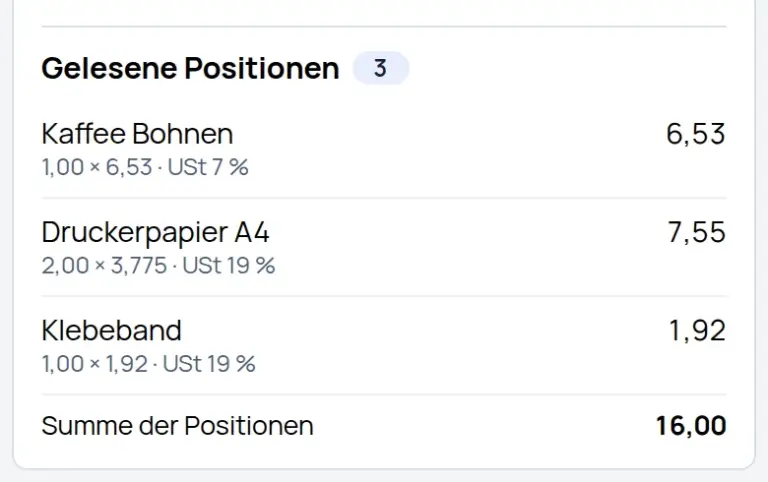 Gelesene Positionen eines fotografierten Kassenbons in DigiBasiX