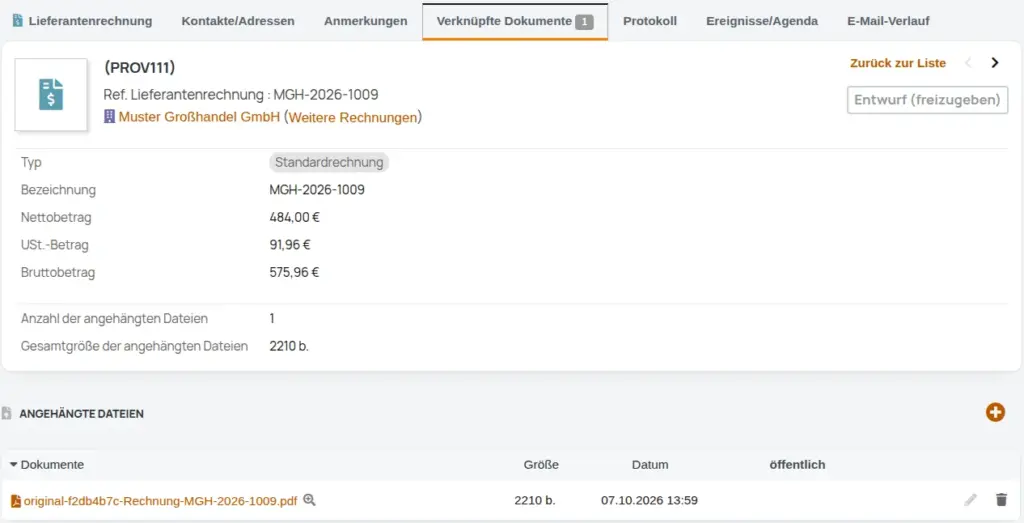 Lieferantenrechnung in DigiBasiX als Entwurf mit angehängtem Originalbeleg als PDF