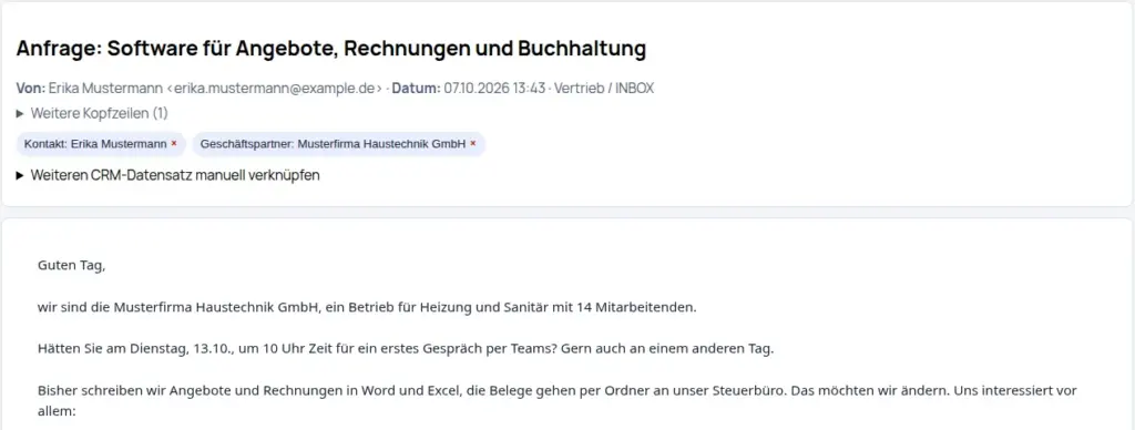 MailCenter in DigiBasiX: eingegangene Anfrage, zugeordnet zu Kontakt und Geschäftspartner, mit Antworten und Weiterleiten