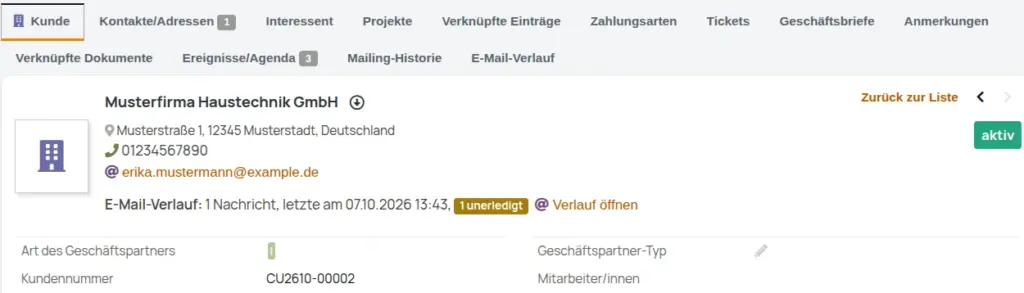 Geschäftspartner in DigiBasiX mit E-Mail-Verlauf: Anzahl der Nachrichten, letzte Nachricht und unerledigte Vorgänge