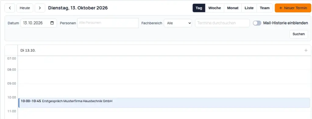 Kalender in DigiBasiX in der Tagesansicht mit dem Erstgespräch, umschaltbar auf Woche, Monat, Liste und Team