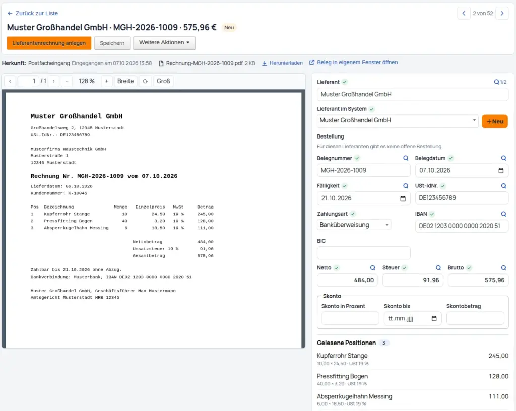Rechnungseingang in DigiBasiX: Rechnung aus dem Postfach, links der Beleg, rechts Lieferant, Belegnummer, Beträge und gelesene Positionen